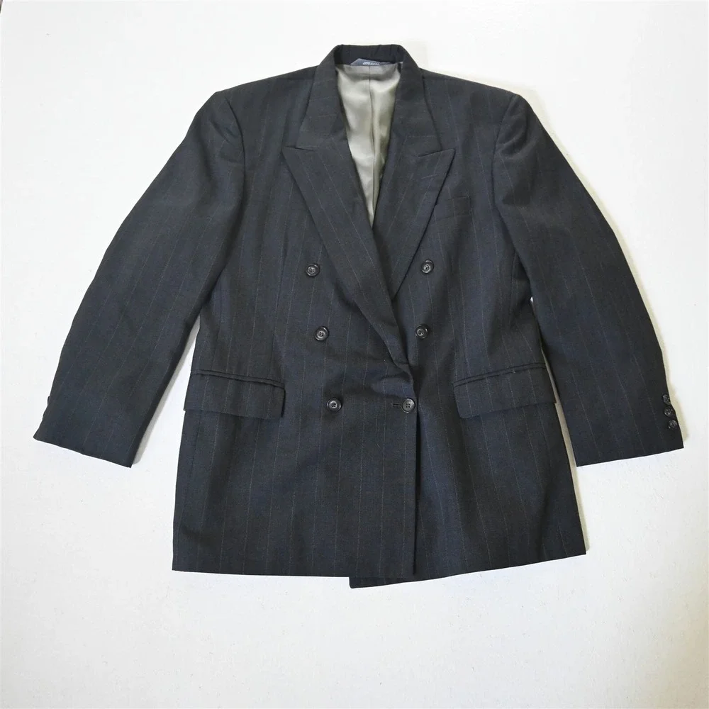 Vtg USA Made 42R Gray Chalk Stripe Double Breasted Blazer Suit Jacket Sport Coat